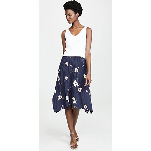 VINCE Tossed Poppy Pleated Floral Midi Knee Length Skirt in Marine - Picture 14 of 15